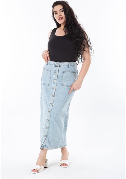Kadın Büyük Beden Mavi Ön Düğmeli Kot Etek 65N38289 modelleri