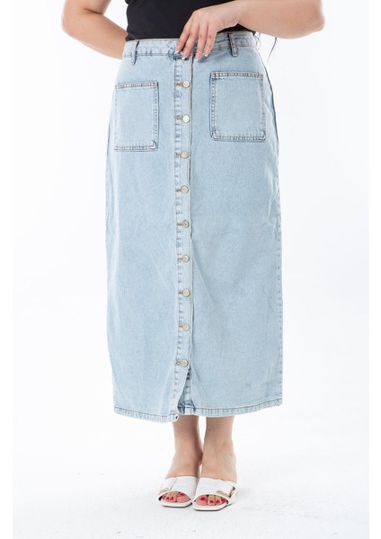 Kadın Büyük Beden Mavi Ön Düğmeli Kot Etek 65N38289 fırsatları