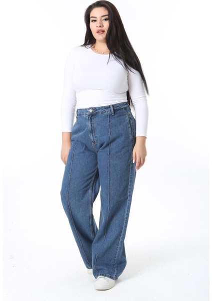 Kadın Büyük Beden Mavi Çima Dikişli Yüksek Bel Kot Pantolon 65N38400