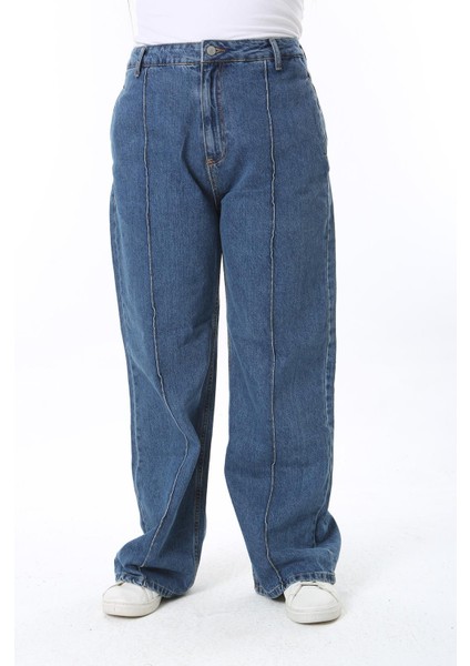 Kadın Büyük Beden Mavi Çima Dikişli Yüksek Bel Kot Pantolon 65N38400