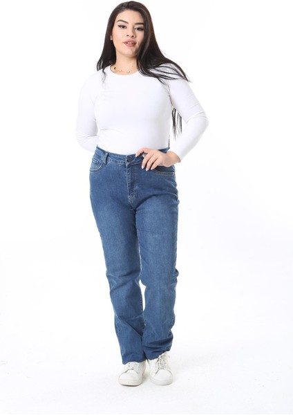 Kadın Büyük Beden Lacivert Yüksek Bel 5 Cepli Likralı Kot Pantolon 65N38515