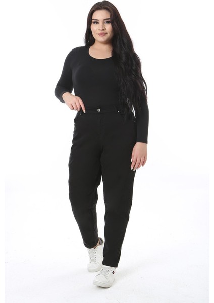 Kadın Büyük Beden Siyah Yüksek Bel Arka Bel Lastikli Likralı Kot Pantolon 65N38498