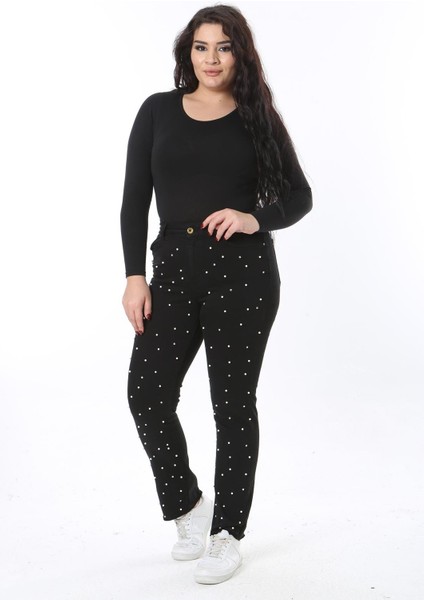 Kadın Büyük Beden Siyah Inci ve Taş Detaylı 5 Cepli Likralı Kot Pantolon 65N38559