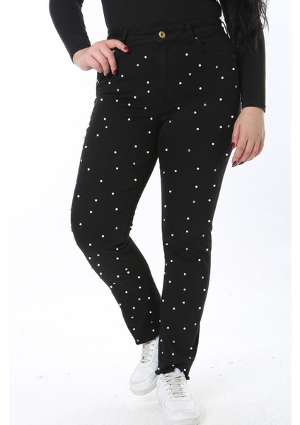 Kadın Büyük Beden Siyah Inci ve Taş Detaylı 5 Cepli Likralı Kot Pantolon 65N38559 modelleri