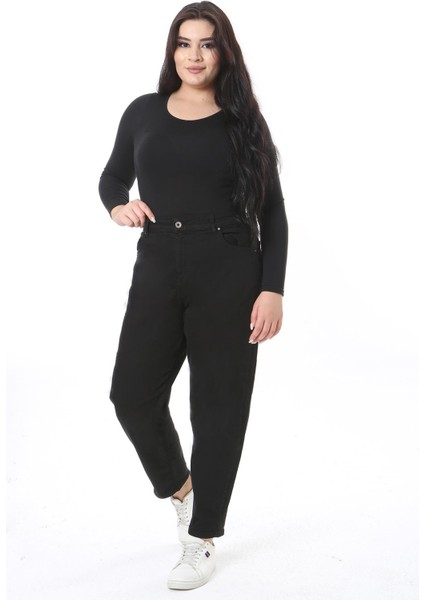 Kadın Büyük Beden Siyah Yüksek Bel Mom Kot Pantolon 65N38499