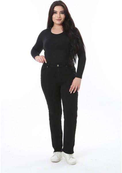 Kadın Büyük Beden Siyah Yüksek Bel Paçası Pis Dikişli 5 Cep Likralı Kot Pantolon 65N38496