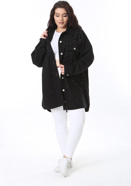 Kadın Büyük Beden Siyah Taş Detaylı Kot Tunik 65N38575