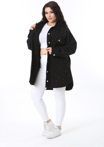 Kadın Büyük Beden Siyah Taş Detaylı Kot Tunik 65N38575