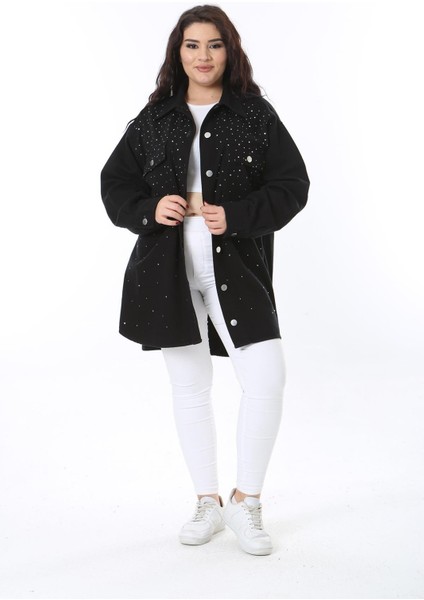 Kadın Büyük Beden Siyah Taş Detaylı Kot Tunik 65N38575