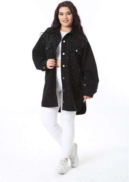 Kadın Büyük Beden Siyah Taş Detaylı Kot Tunik 65N38575