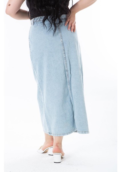Kadın Büyük Beden Mavi Ön Düğmeli Kot Etek 65N38289 indirimleri