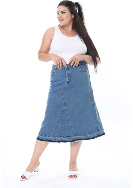 Kadın Büyük Beden Mavi Kup Detaylı Etek Ucu Pis Dikişli Likralı Kot Etek 65N38292