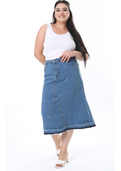 Kadın Büyük Beden Mavi Kup Detaylı Etek Ucu Pis Dikişli Likralı Kot Etek 65N38292 fiyatları