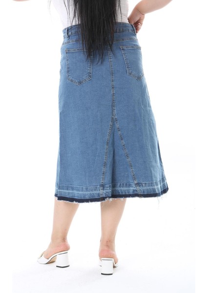 Kadın Büyük Beden Mavi Kup Detaylı Etek Ucu Pis Dikişli Likralı Kot Etek 65N38292 modelleri