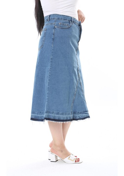 Kadın Büyük Beden Mavi Kup Detaylı Etek Ucu Pis Dikişli Likralı Kot Etek 65N38292 fırsatları