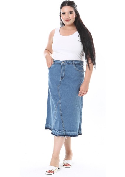 Kadın Büyük Beden Mavi Kup Detaylı Etek Ucu Pis Dikişli Likralı Kot Etek 65N38292 indirimleri