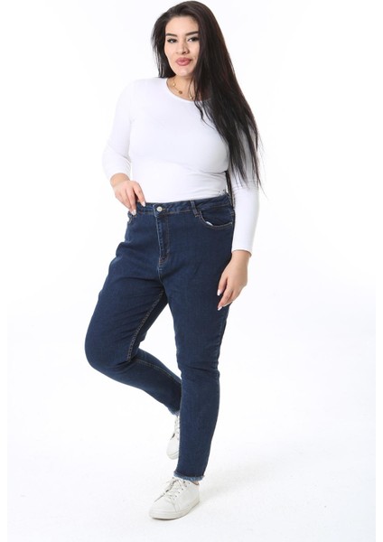 Kadın Büyük Beden Lacivert Yüksek Bel Dar Paçalı Likralı Kot Pantolon 65N38414