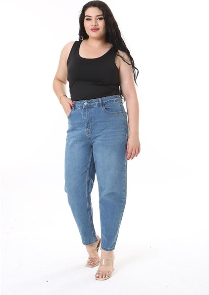 Kadın Büyük Beden Mavi Yüksek Bel 5 Cepli Kot Pantolon 65N38479