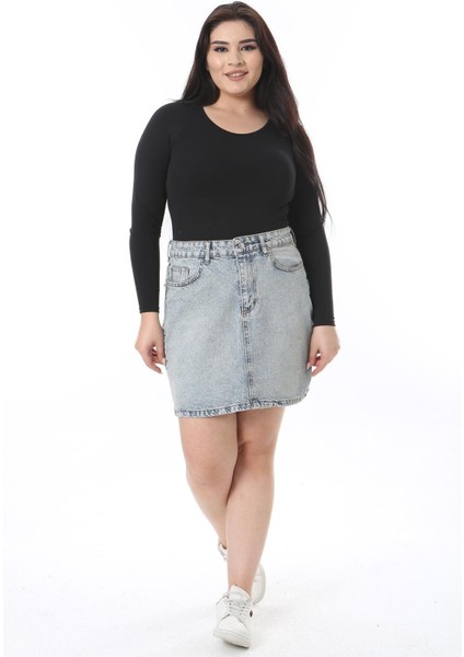 Kadın Büyük Beden Mavi Yıkama Efektli Kot Etek 65N38500