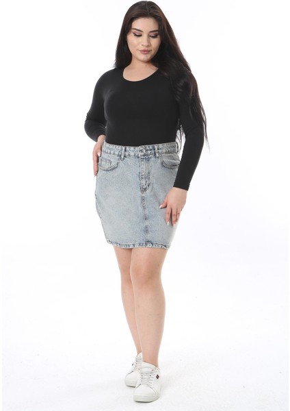 Kadın Büyük Beden Mavi Yıkama Efektli Kot Etek 65N38500 fiyatları