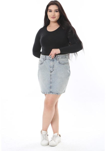 Kadın Büyük Beden Mavi Yıkama Efektli Kot Etek 65N38500 fırsatları