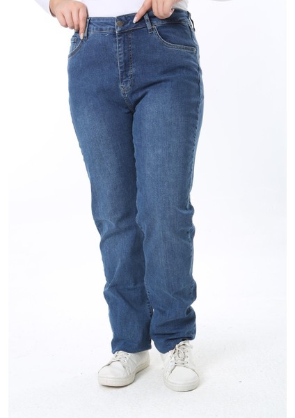 Kadın Büyük Beden Lacivert Yüksek Bel 5 Cepli Likralı Kot Pantolon 65N38515