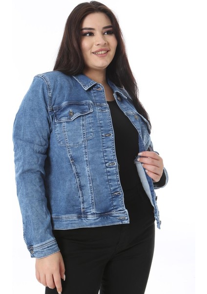 Kadın Büyük Beden Mavi Kup Detaylı Likralı Kot Mont 65N38502 indirimleri