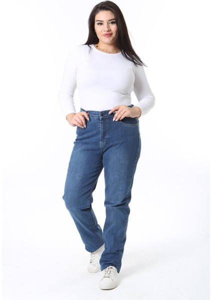 Kadın Büyük Beden Lacivert Yüksek Bel 5 Cepli Likralı Kot Pantolon 65N38515 fırsatları