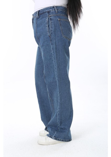 Kadın Büyük Beden Mavi Çima Dikişli Yüksek Bel Kot Pantolon 65N38400