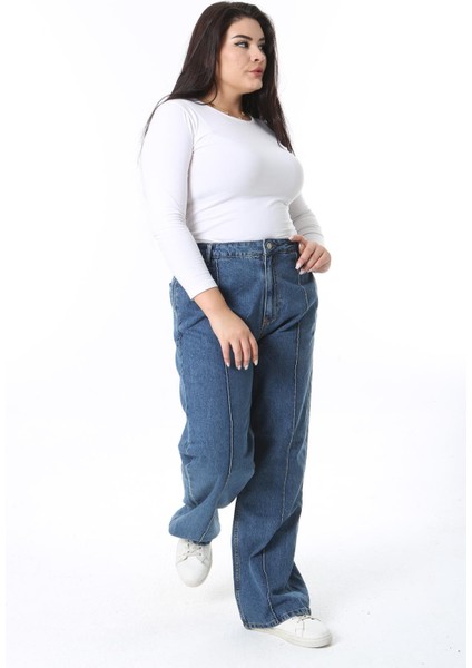 Kadın Büyük Beden Mavi Çima Dikişli Yüksek Bel Kot Pantolon 65N38400 indirimleri