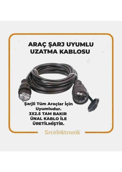 Elektrikli Araç Şarj Için 10 Metre Uzatma Kablosu 3x2.5 Tam Bakır Ünal Kablolu Seyyar