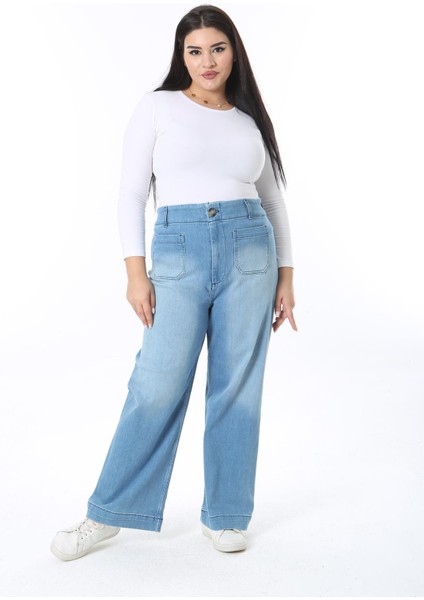 Kadın Büyük Beden Mavi Yüksek Bel 4 Cepli Likralı Geniş Paça Kot Pantolon 65N38395 modelleri