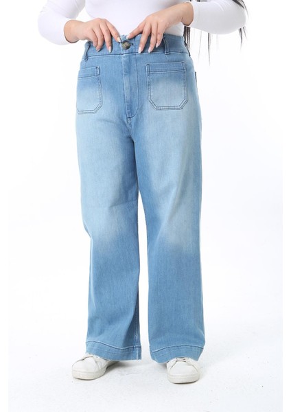 Kadın Büyük Beden Mavi Yüksek Bel 4 Cepli Likralı Geniş Paça Kot Pantolon 65N38395 fırsatları