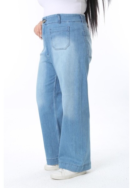 Kadın Büyük Beden Mavi Yüksek Bel 4 Cepli Likralı Geniş Paça Kot Pantolon 65N38395 indirimleri