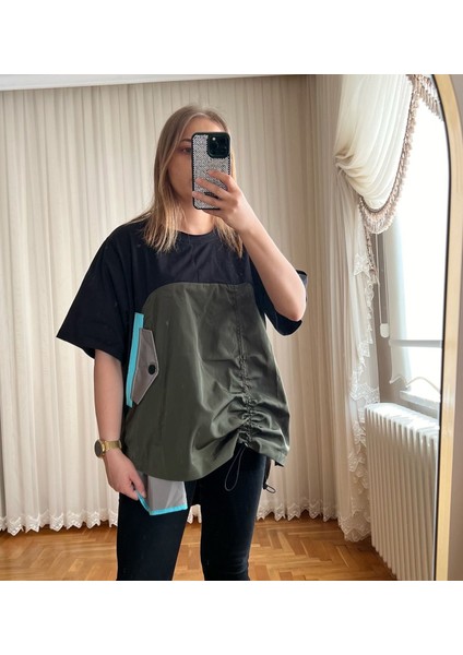 Oversize Paraşüt Cep Detaylı Haki Tshirt