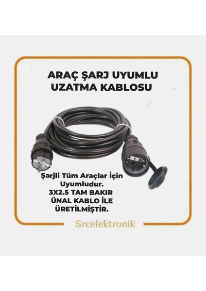 Elektrikli Araç Şarj Için 20 Metre Uzatma Kablosu 3x2.5 Tam Bakır Ünal Kablolu Seyyar.