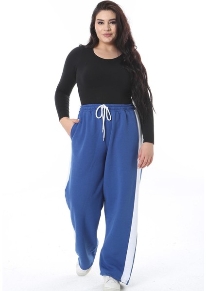 Kadın Büyük Beden Saks Üç Iplik Içi Şardonlu Yan Şeritli Eşofman Alt 65N38505