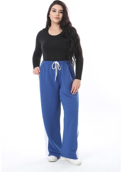 Kadın Büyük Beden Saks Üç Iplik Içi Şardonlu Yan Şeritli Eşofman Alt 65N38505