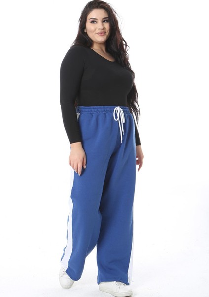 Kadın Büyük Beden Saks Üç Iplik Içi Şardonlu Yan Şeritli Eşofman Alt 65N38505