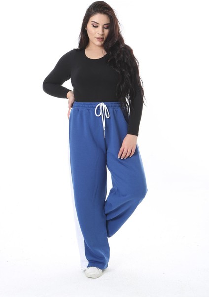 Kadın Büyük Beden Saks Üç Iplik Içi Şardonlu Yan Şeritli Eşofman Alt 65N38505