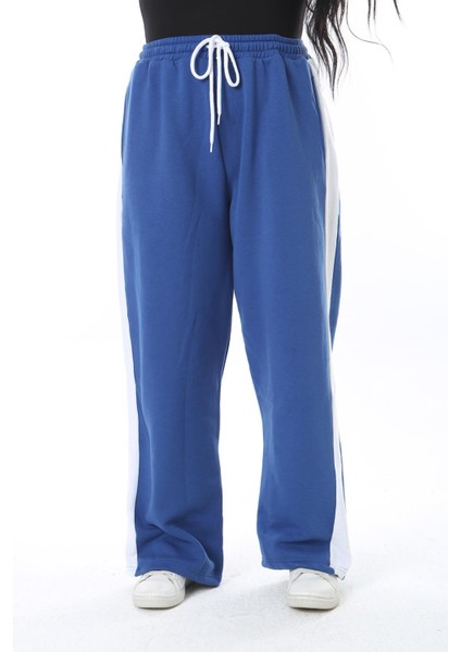 Kadın Büyük Beden Saks Üç Iplik Içi Şardonlu Yan Şeritli Eşofman Alt 65N38505