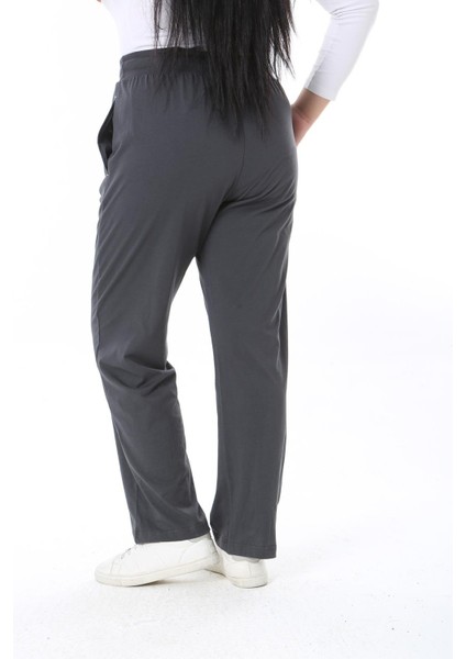 Kadın Büyük Beden Füme Pamuklu Kumaş Beli Kuşgözü Bağcık Detaylı Eşofman Alt 65N38470