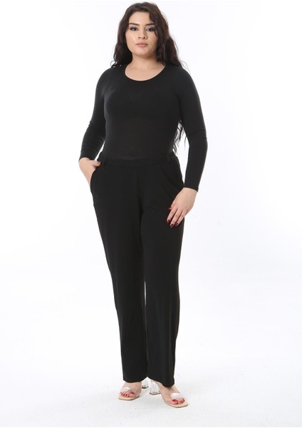 Kadın Büyük Beden Siyah Yan Cepli Beli Lastikli Eşofman Alt 65N38657