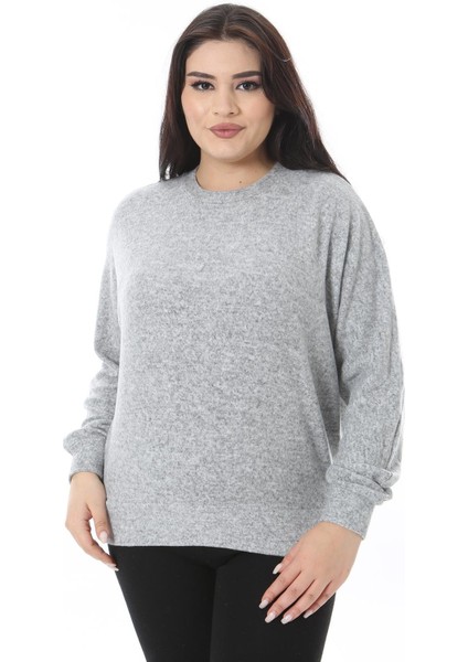 Kadın Büyük Beden Gri Yumoş Kumaş Yarasa Kollu Bluz 65N38636