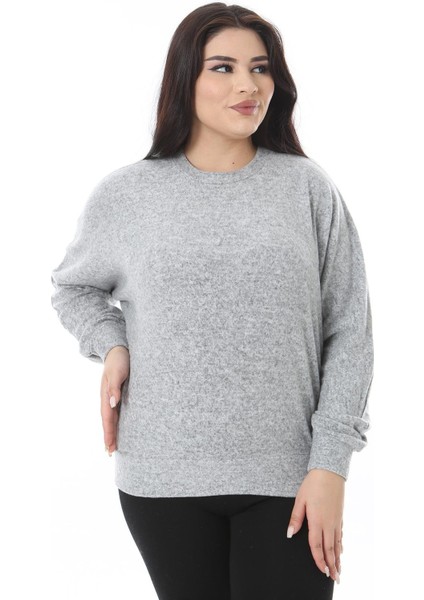 Kadın Büyük Beden Gri Yumoş Kumaş Yarasa Kollu Bluz 65N38636