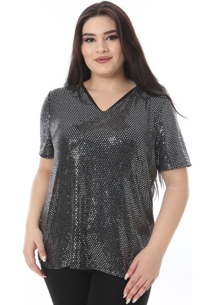Kadın Büyük Beden Gümüş V Yakalı Payetli Bluz 65N38510