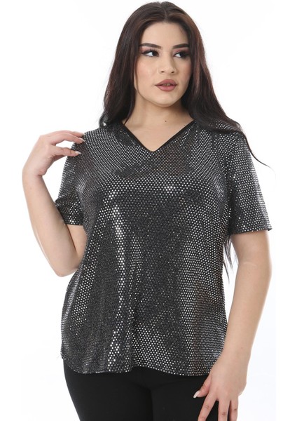 Kadın Büyük Beden Gümüş V Yakalı Payetli Bluz 65N38510