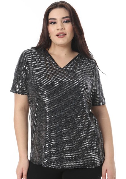 Kadın Büyük Beden Gümüş V Yakalı Payetli Bluz 65N38510