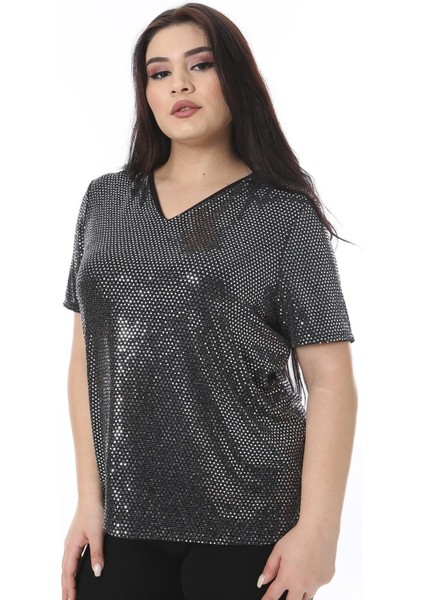 Kadın Büyük Beden Gümüş V Yakalı Payetli Bluz 65N38510