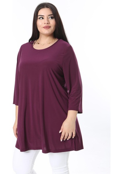 Kadın Büyük Beden Mürdüm Bisiklet Yakalı Yan Yırtmaçlı Kapri Kol Tunik 65N38352